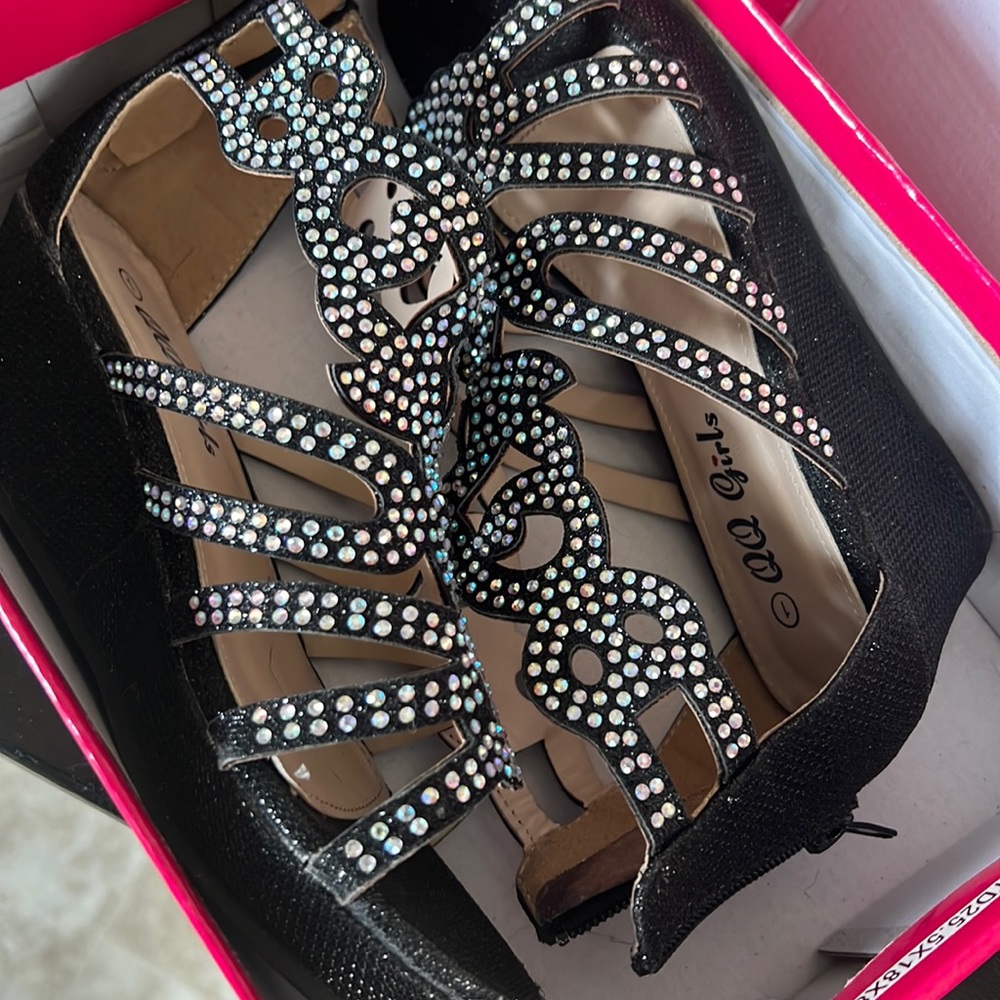 QQ girls black wedge sparkle heels